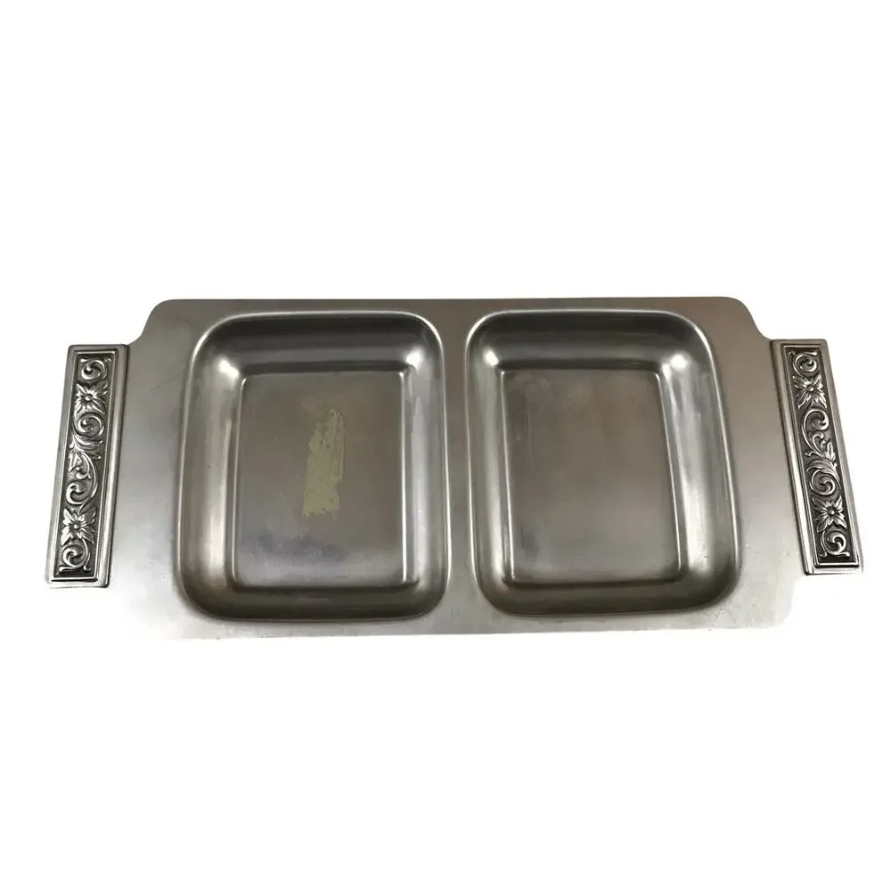 Stainless Steel Tray Japanese Decorator Two Compartment with Floral Handles